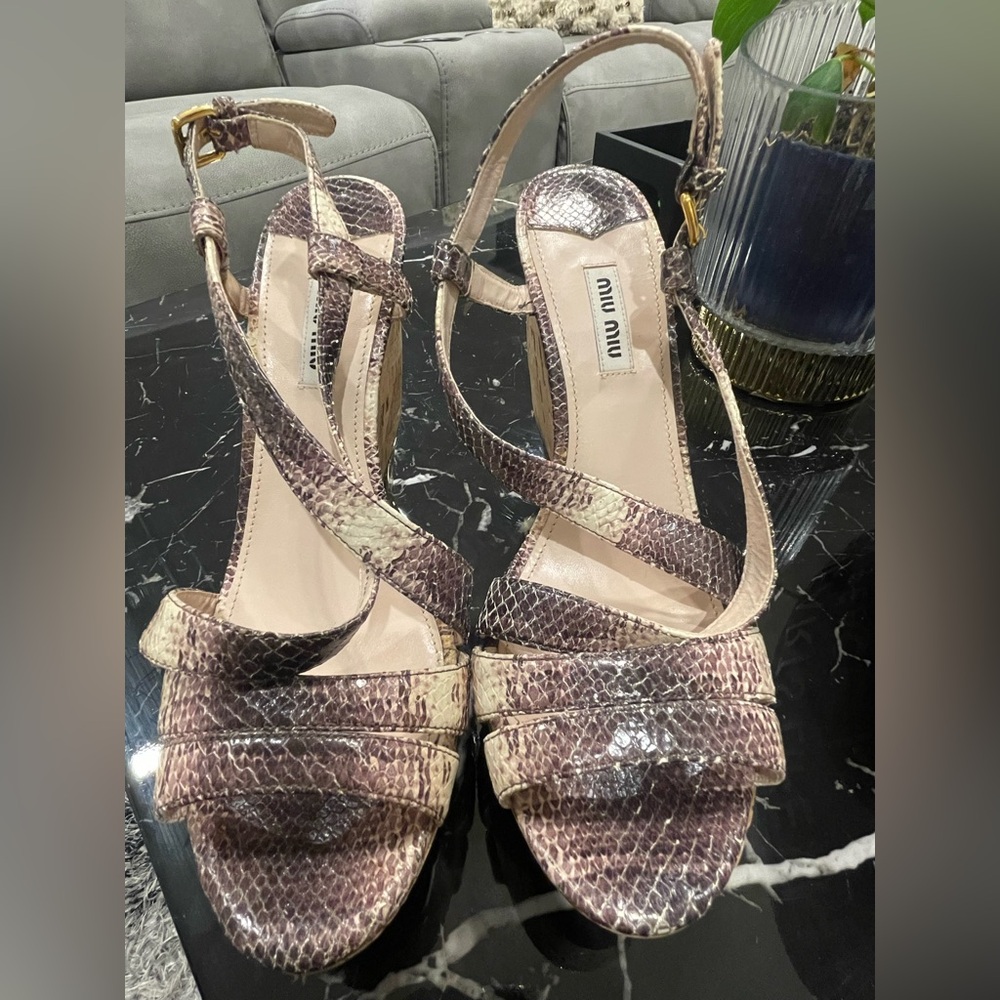 Miu Miu Taupe and Cream Snake-Print Strappy Sandals
